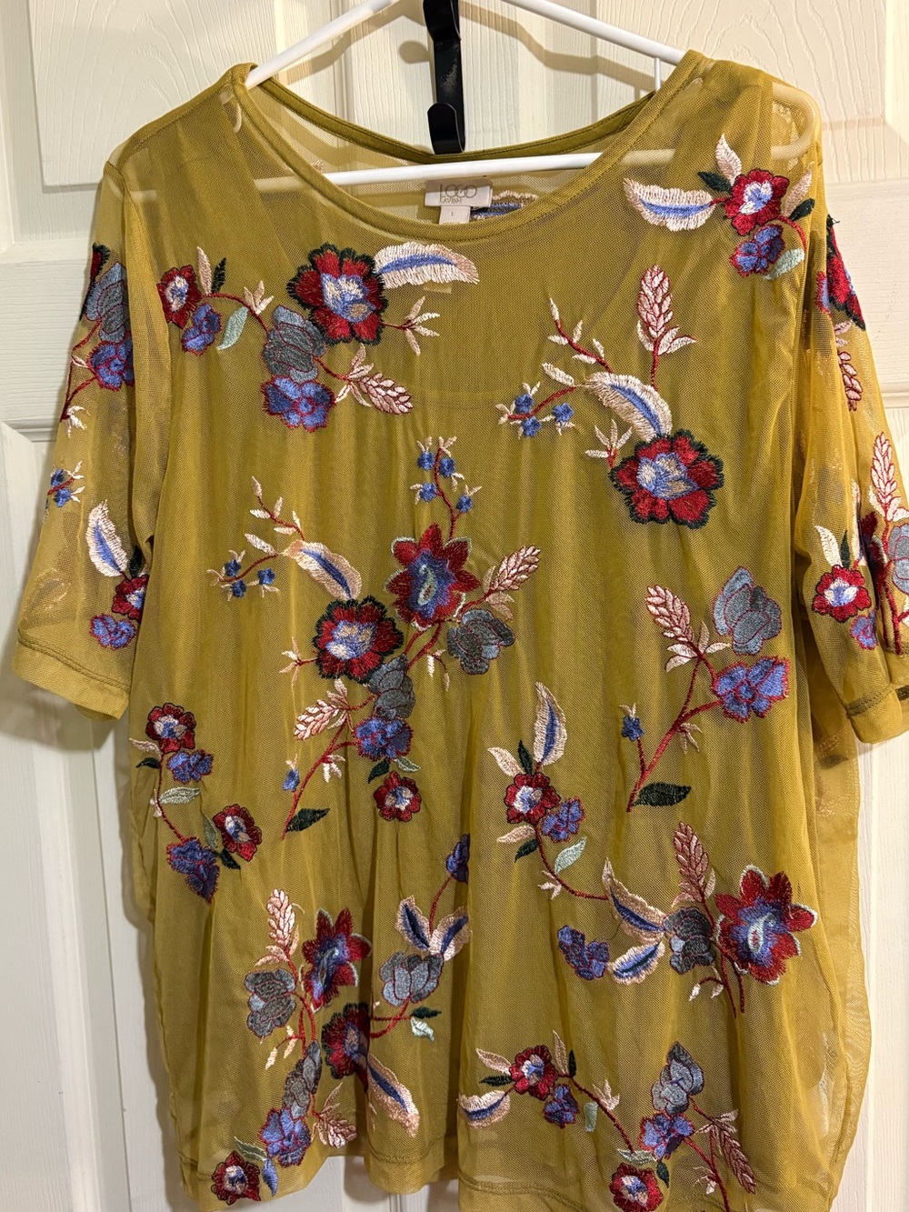 Logo Lavish Lori Goldstein Embroidered Floral Mesh Top Mustard Boho Whimsigoth